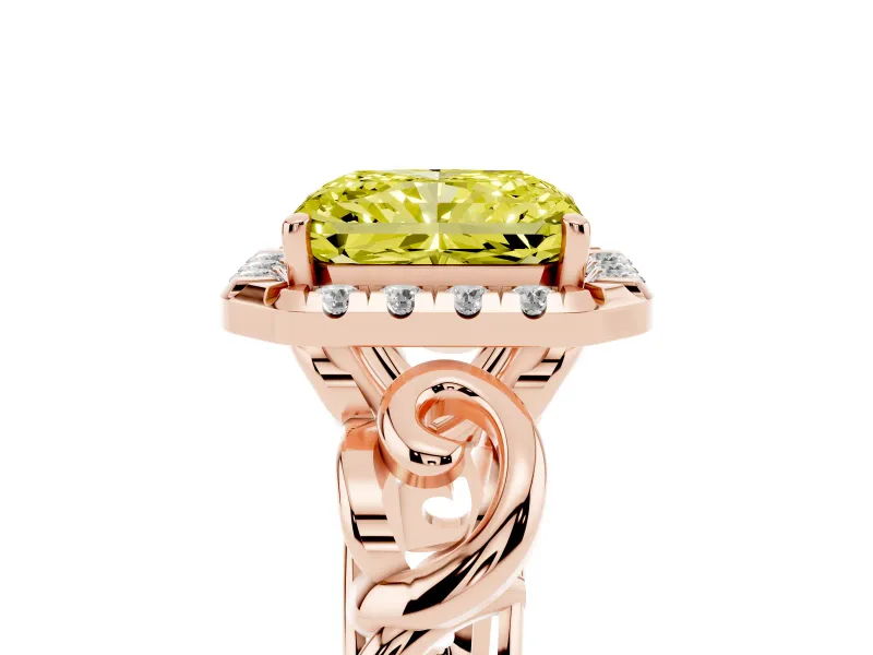 Fancy Yellow Radiant Cut Diamond Halo Ring Set in Rose gold with Scrollwork Band and Prong Setting