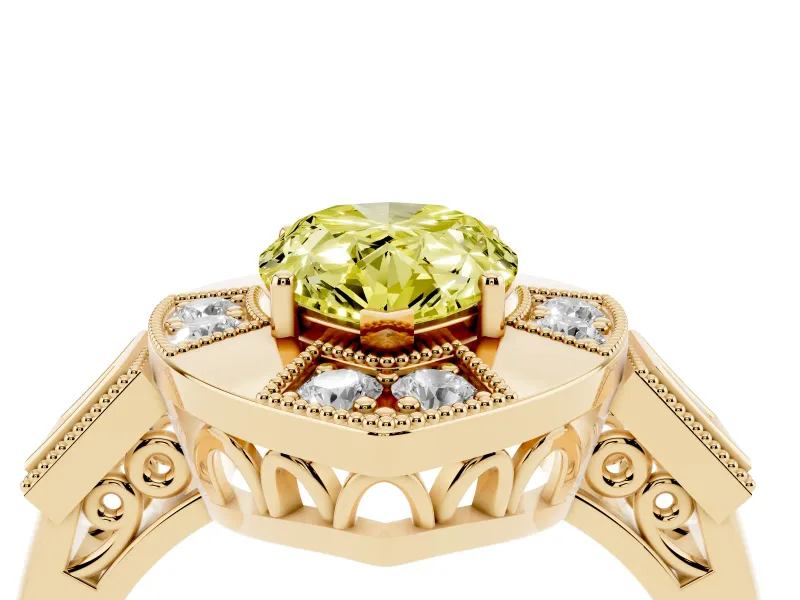 Fancy Yellow Pear Cut Diamond Milgrain Halo Ring Set in Yellow gold with Split Shank
