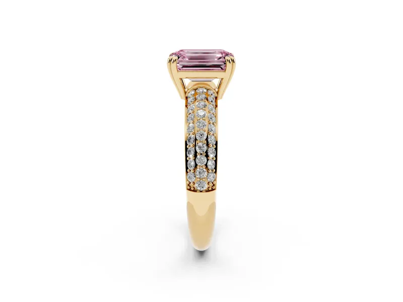 Emerald Cut Three Row Pave Engagement Ring Setting for a Fancy Pink Lab-Grown Diamond | Yellow Gold
