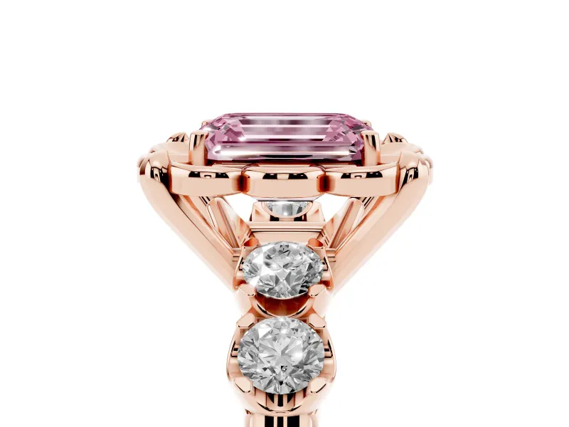 Emerald Cut Floral Engagement Ring Setting for a Fancy Pink Lab-Grown Diamond | Petal Frame and Side Stones | Rose Gold