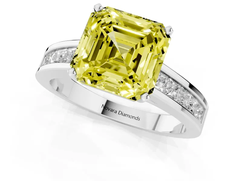 Fancy Yellow Asscher Cut Diamond Solitaire Ring Set in White gold with Channel-Set Band and Prong Setting