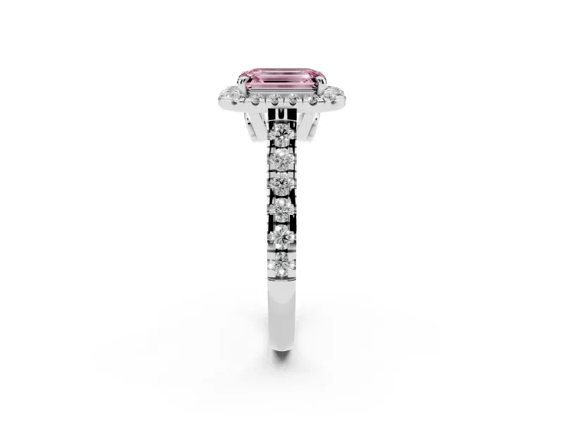 Emerald Cut Halo Engagement Ring Setting for a Fancy Pink Lab-Grown Diamond | Shared Prong Shoulders | Sterling Silver