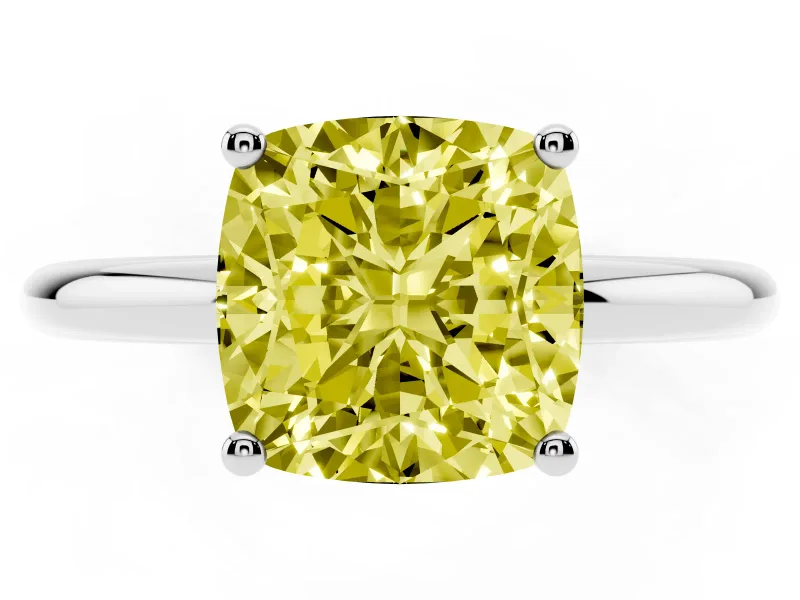 Fancy Yellow Cushion Cut Diamond Solitaire Engagement Ring Set in Silver with Prong Setting and Polished Band