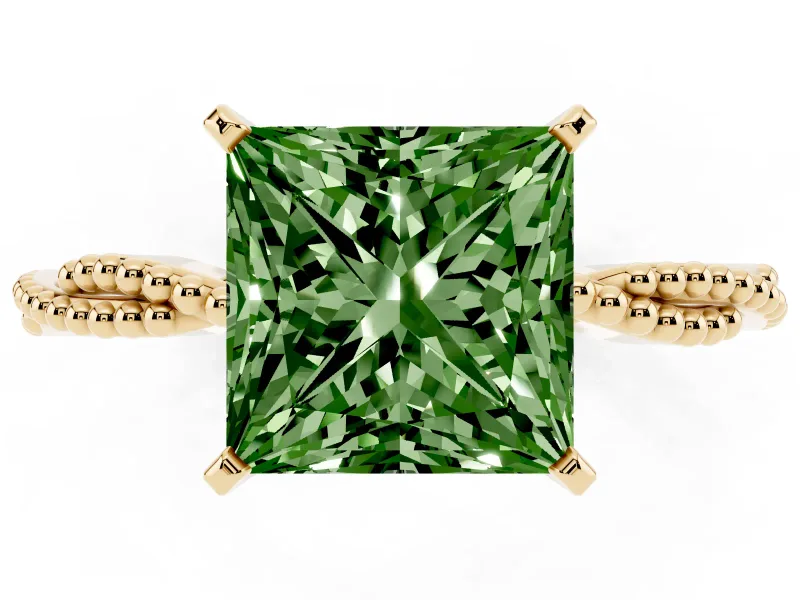 Fancy Green Princess Cut Diamond Solitaire Ring Set in Yellow gold with Twisted Band and Bead Prong Setting