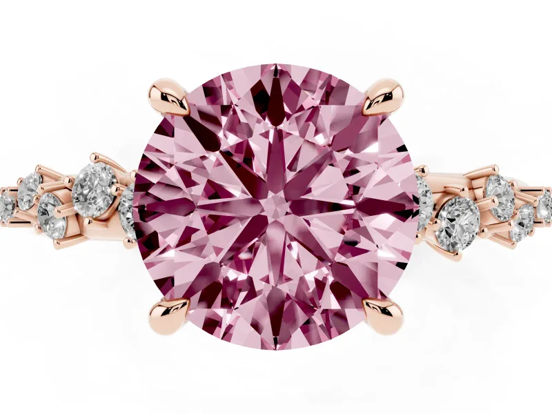 Fancy Pink Round Cut Diamond Solitaire Vine Band Ring Set in Rose gold with Round Accents and Prong Setting