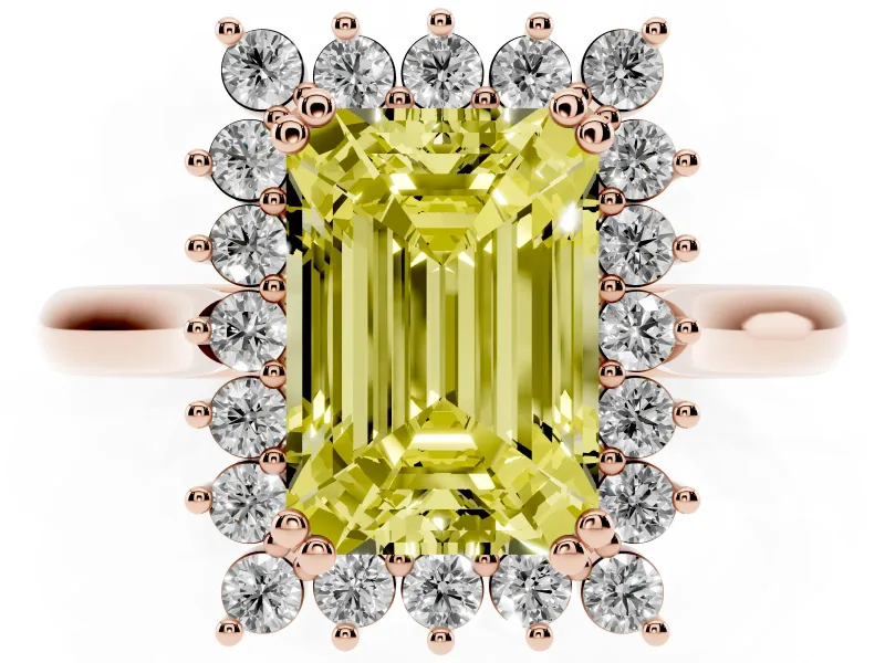 Fancy Yellow Emerald Cut Diamond Halo Ring Set in Rose gold with Plain Solitaire Band and Prong Setting