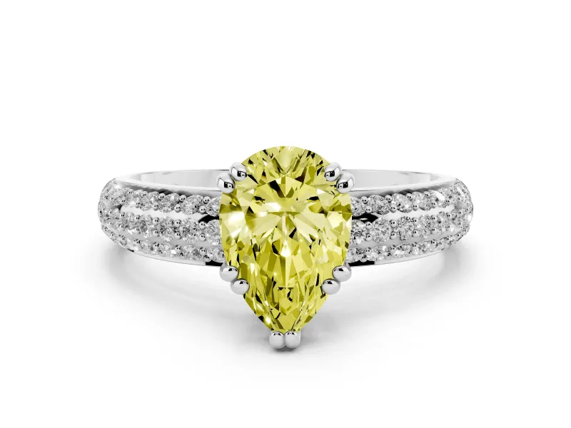 Fancy Yellow Pear Cut Diamond Solitaire Ring Set in Silver with Multi-Row Round Pavé Band and Prong Setting