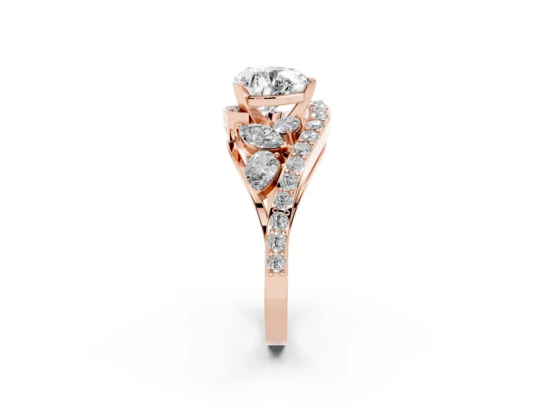Heart Cut Diamond Halo Ring Set in Rose gold with Marquise and Pavé Band in Prong Setting