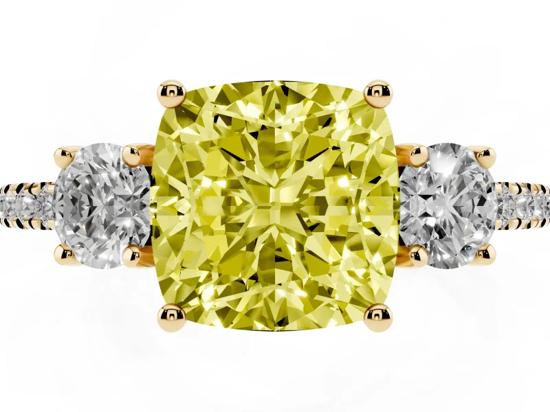 Cushion Cut Three Stone Engagement Ring Setting for a Fancy Yellow Lab-Grown Diamond | Pave Shoulders | Yellow Gold