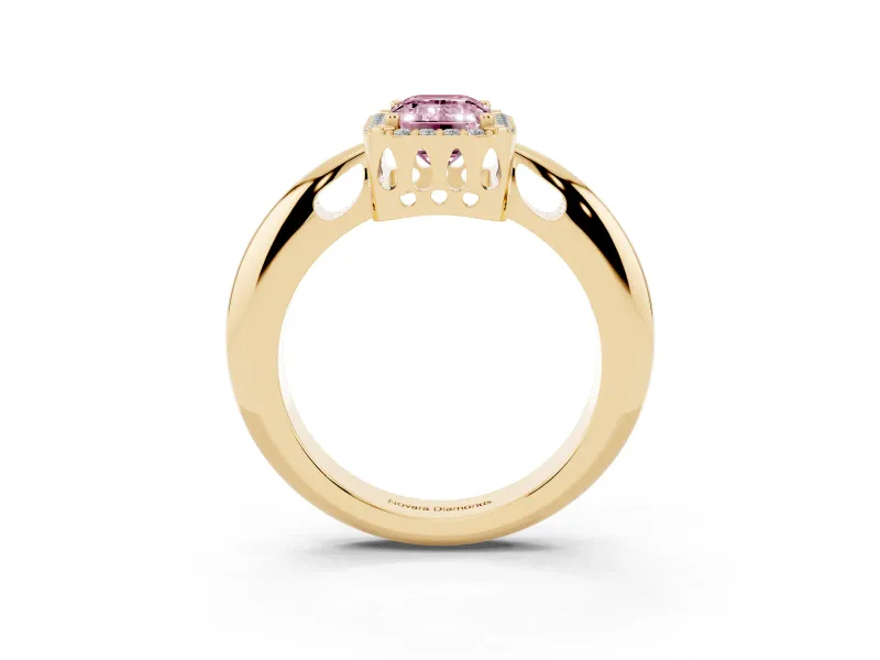 Emerald Cut Halo Engagement Ring Setting for a Fancy Pink Lab-Grown Diamond | Plain Tapered Band | Yellow Gold
