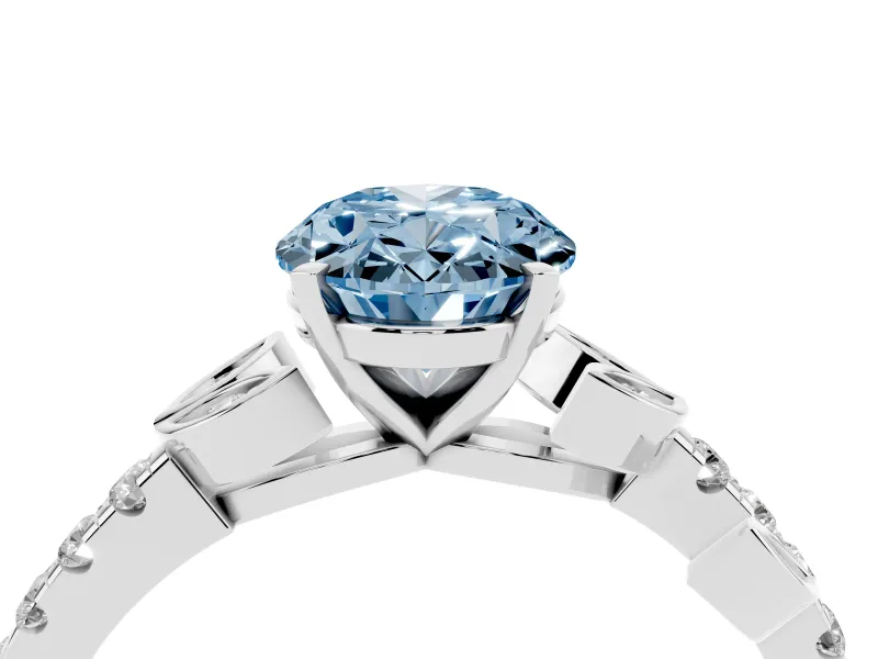 Fancy Blue Oval Cut Diamond Solitaire Leaf-Inspired Ring Set in Silver with Pavé Band and Prong Setting