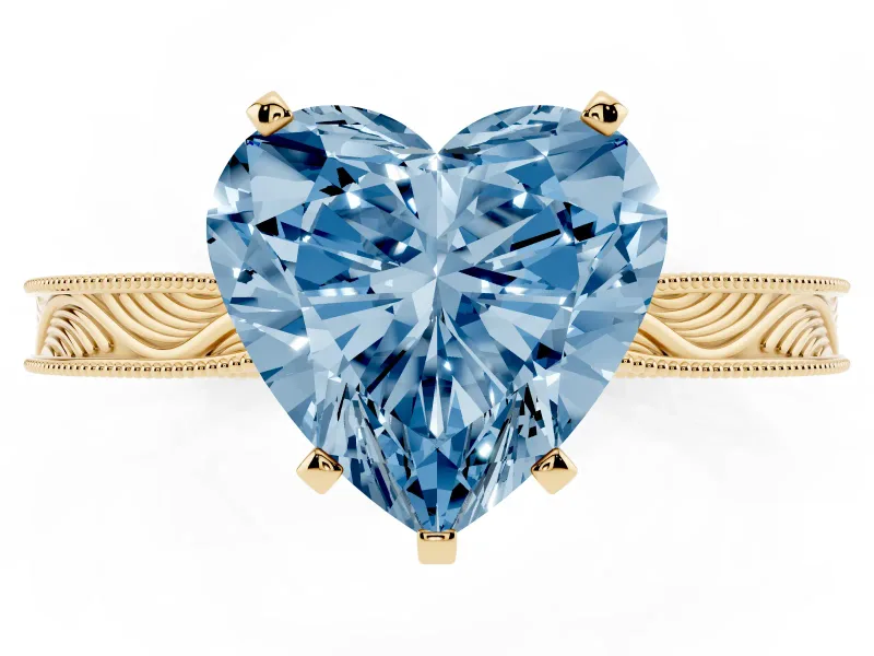 Heart-Shaped Engraved Engagement Ring Setting for a Fancy Blue Lab-Grown Diamond | Yellow Gold