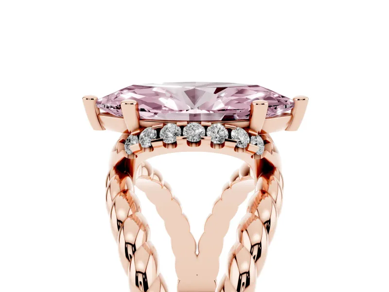 Fancy Pink Marquise Cut Diamond Halo Ring Set in Rose gold with Twisted Band and Prong Setting