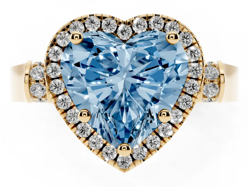 Heart-Shaped Halo Engagement Ring Setting for a Fancy Blue Lab-Grown Diamond | Pointed Pave Shoulders | Yellow Gold
