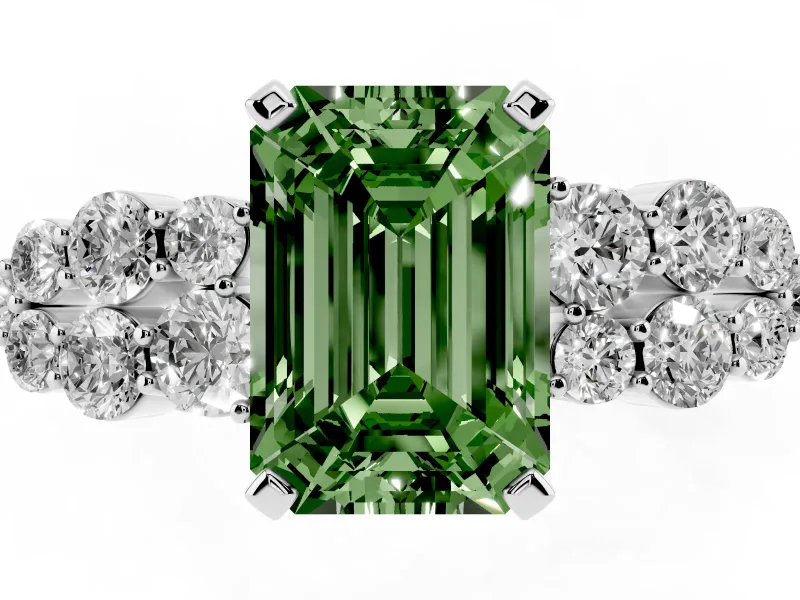 Fancy Green Emerald Cut Diamond Cluster Engagement Ring Set in Silver with Pavé Band and Prong Setting