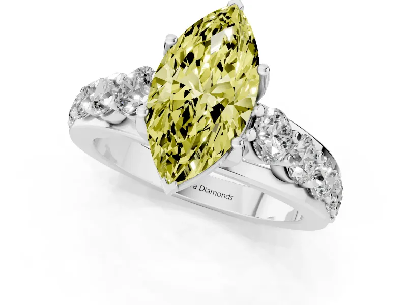 Fancy Yellow Marquise Cut Diamond Pavé Engagement Ring Set in White gold with Prong Setting