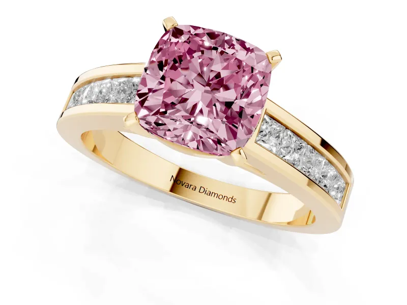 Fancy Pink Cushion Cut Diamond Solitaire Ring Set in Yellow gold with Channel-Set Band and Prong Setting