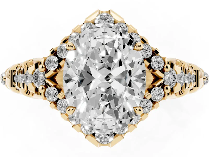 Oval Hidden Halo Filigree Engagement Ring Setting | Pavé Shoulders | Yellow Gold