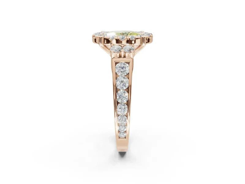 Oval Halo Engagement Ring Setting for a Fancy Yellow Lab-Grown Diamond | Side Clusters | Rose Gold