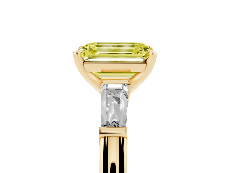 Emerald Cut Three Stone Engagement Ring Setting for a Fancy Yellow Lab-Grown Diamond | Tapered Baguettes | Yellow Gold