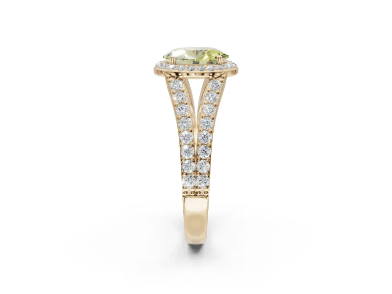 Oval Halo Pavé Engagement Ring Setting for a Fancy Yellow Lab-Grown Diamond | Narrow Split Shank | Yellow Gold