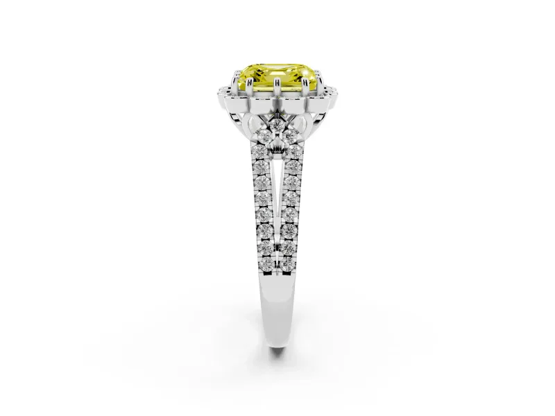 Asscher Cut Floral Halo Engagement Ring Setting for a Fancy Yellow Lab-Grown Diamond | Pavé Split Shank | Platinum