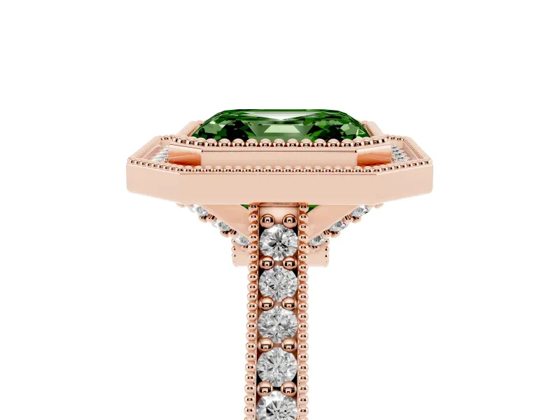 Asscher Cut Vintage Milgrain Halo Engagement Ring Setting for a Fancy Green Lab-Grown Diamond | Bezel Head | Rose Gold