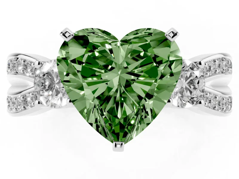 Fancy Green Three-Stone Heart Cut Diamond Twist Band Ring Set in Platinum with Pavé Accents and Prong Setting