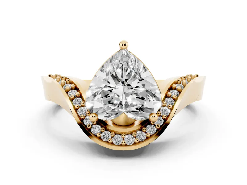 Heart Cut Diamond Solitaire Engagement Ring Set in Yellow gold with Pavé Shoulders