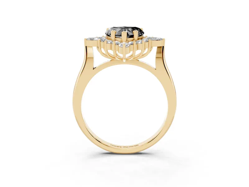 Fancy Black Heart Cut Diamond Cluster Halo Ring Set in Yellow gold with Marquise and Round Accents
