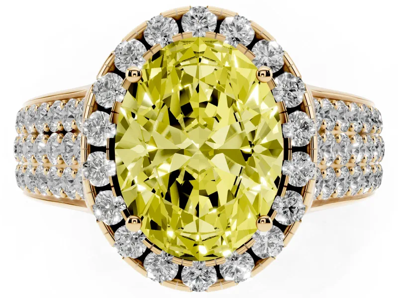Fancy Yellow Oval Cut Diamond Halo Ring Set in Yellow gold with Pavé Band and Raised Center Setting
