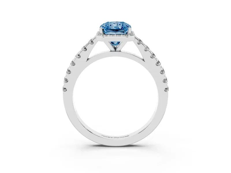 Fancy Blue Radiant Cut Diamond Halo Engagement Ring Set in White gold with Pavé Band and Prong Setting