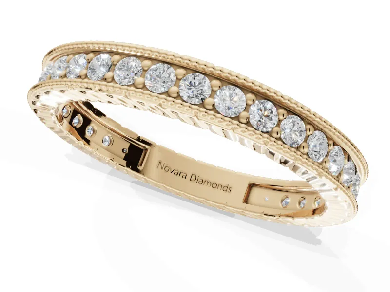 Round Lab-Grown Diamond Milgrain Pavé Eternity Band | Carved Side Walls | Yellow Gold