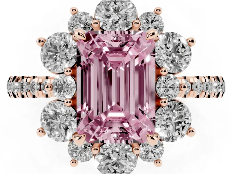 Fancy Pink Emerald Cut Diamond Floral Halo Ring Set in Rose gold with Round Pavé Band and Prong Setting