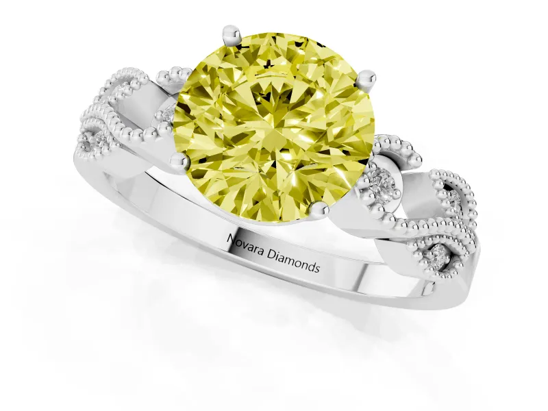 Fancy Yellow Round Cut Diamond Milgrain Leaf Band Solitaire Ring Set in Silver with Accent Stones and Prong Setting