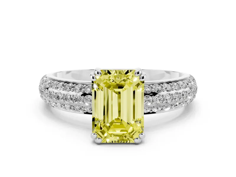 Fancy Yellow Emerald Cut Diamond Solitaire Ring Set in White gold with Multi-Row Round Pavé Band and Prong Setting