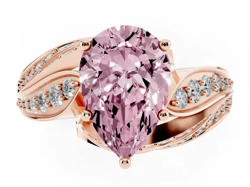 Fancy Pink Pear Cut Diamond Solitaire Ring Set in Rose gold with Layered Twist Pavé Band