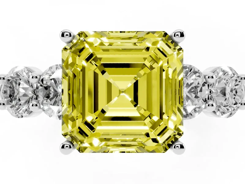 Fancy Yellow Asscher Cut Diamond Five-Stone Prong Set Ring Set in White gold with Classic Band