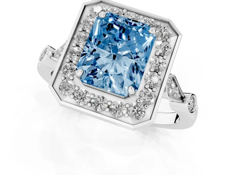 Radiant Cut Vintage Halo Engagement Ring Setting for a Fancy Blue Lab-Grown Diamond | Bezel Station Shoulders | Platinum