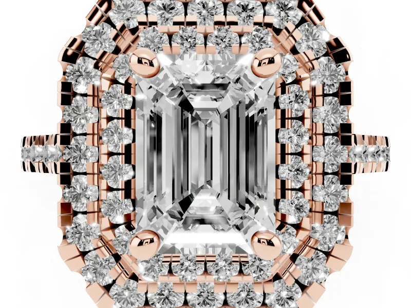 Emerald Cut Double Halo Engagement Ring Setting | Pave Shoulders | Rose Gold