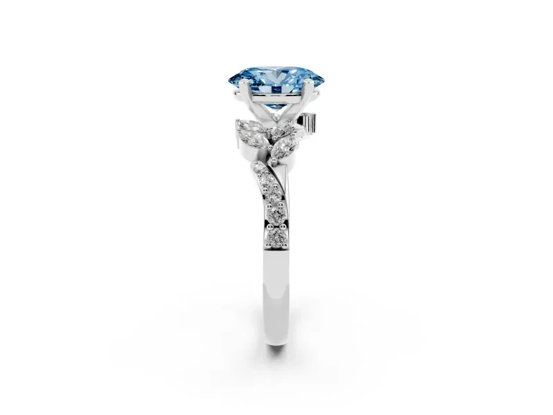 Fancy Blue Oval Cut Diamond Solitaire Ring Set in Silver with Marquise Twist Band and Prong Setting