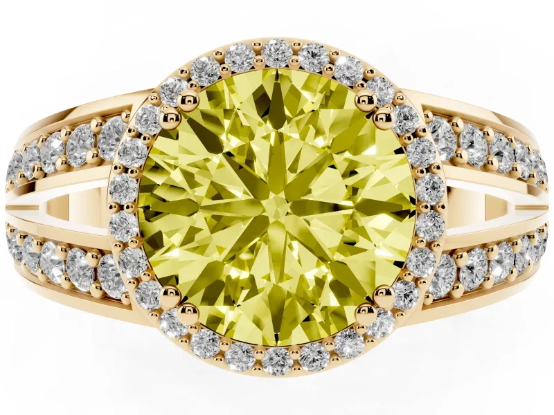 Round Halo Engagement Ring Setting for a Fancy Yellow Lab-Grown Diamond | Split Shank | Yellow Gold
