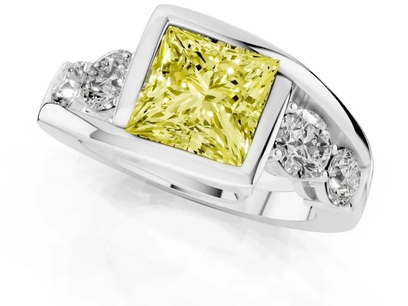 Fancy Yellow Princess Cut Diamond Bezel Bypass Ring Set in Platinum with Round Accents