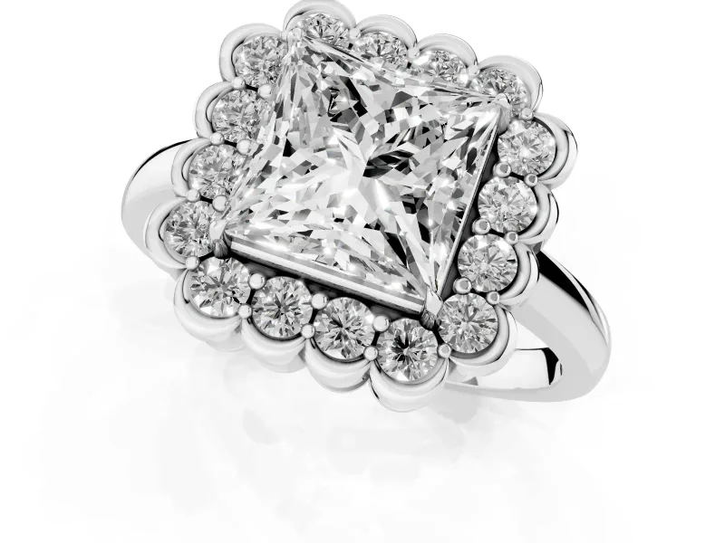 Princess Cut Scalloped Cluster Halo Engagement Ring Setting | Plain Band | Platinum