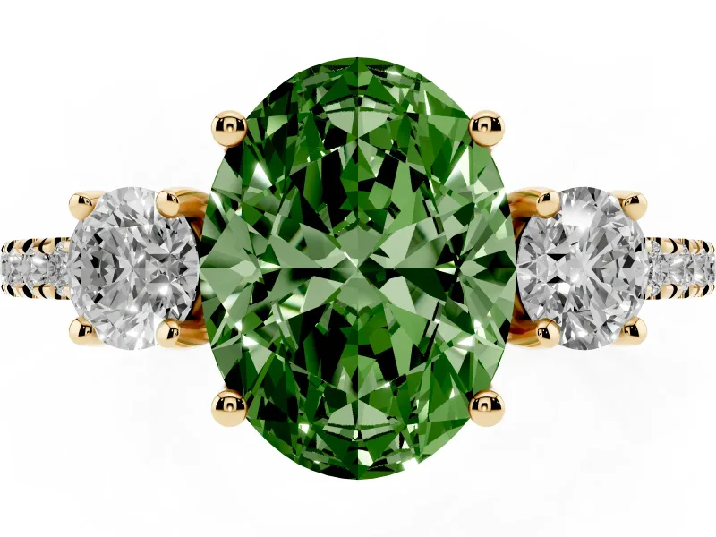 Fancy Green Oval Cut Diamond Three-Stone Ring Set in Yellow gold with Pavé Band and Graduated Sides