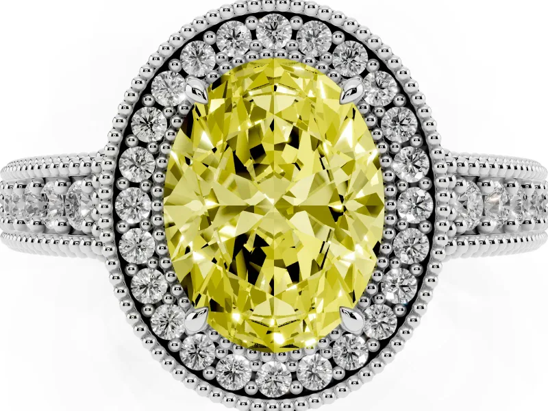 Fancy Yellow Oval Cut Diamond Halo Ring Set in Platinum with Round Accent Halo, Pavé Band and Prong Setting