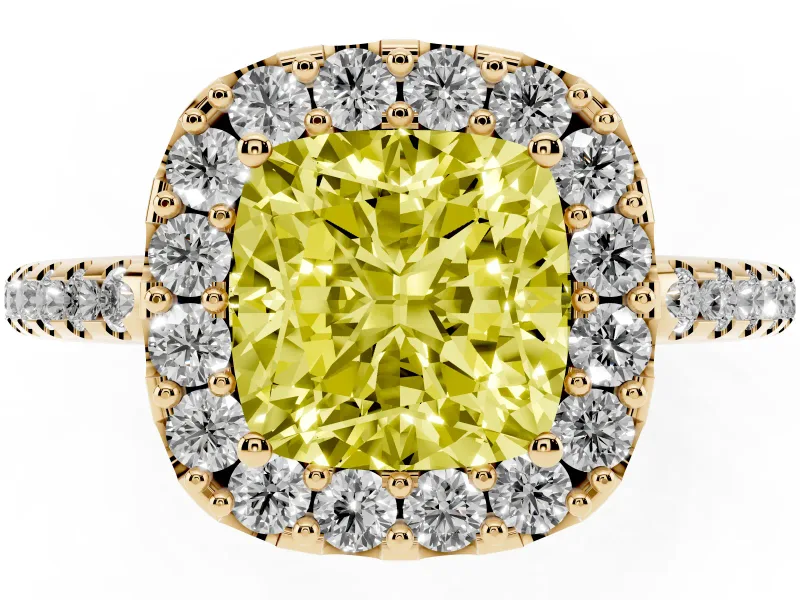 Cushion Cut Pave Halo Engagement Ring Setting for a Fancy Yellow Lab-Grown Diamond | Pave Band | Yellow Gold