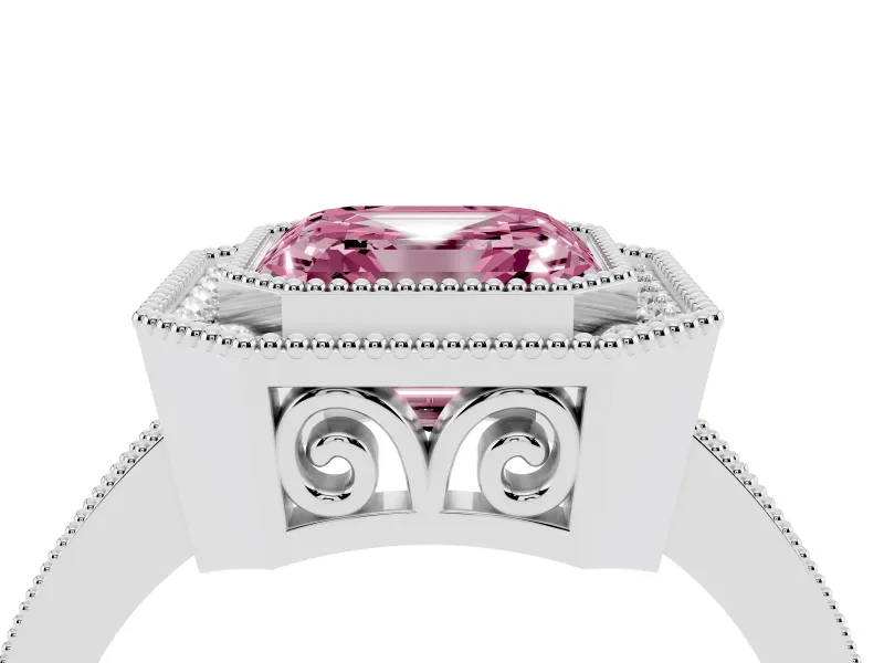 Fancy Pink Asscher Cut Diamond Halo Ring Set in Silver with Pavé Band and Milgrain-Edged Prongs