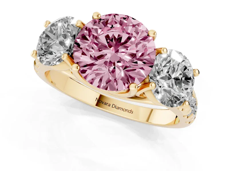 Round Three Stone Engagement Ring Setting for a Fancy Pink Lab-Grown Diamond | Accented Shoulders | Yellow Gold