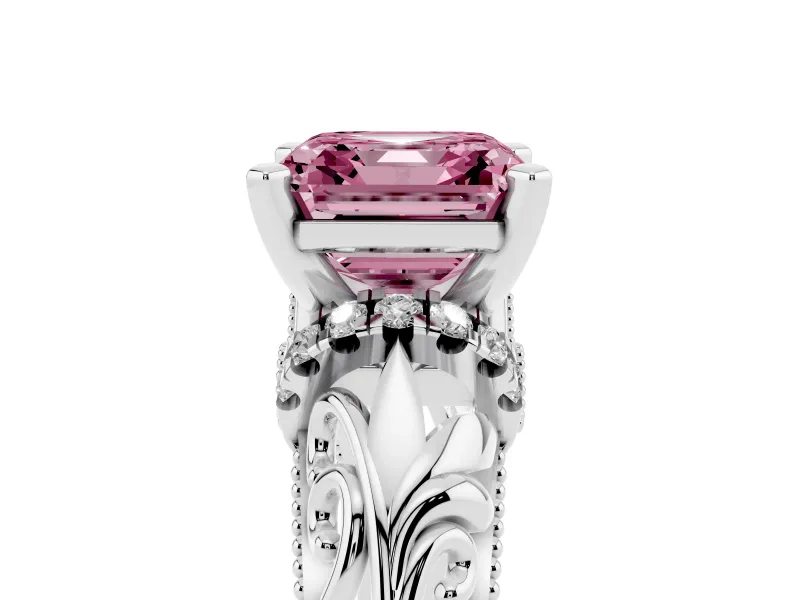 Fancy Pink Asscher Cut Diamond Filigree Halo Engagement Ring Set in Silver with Prong Setting